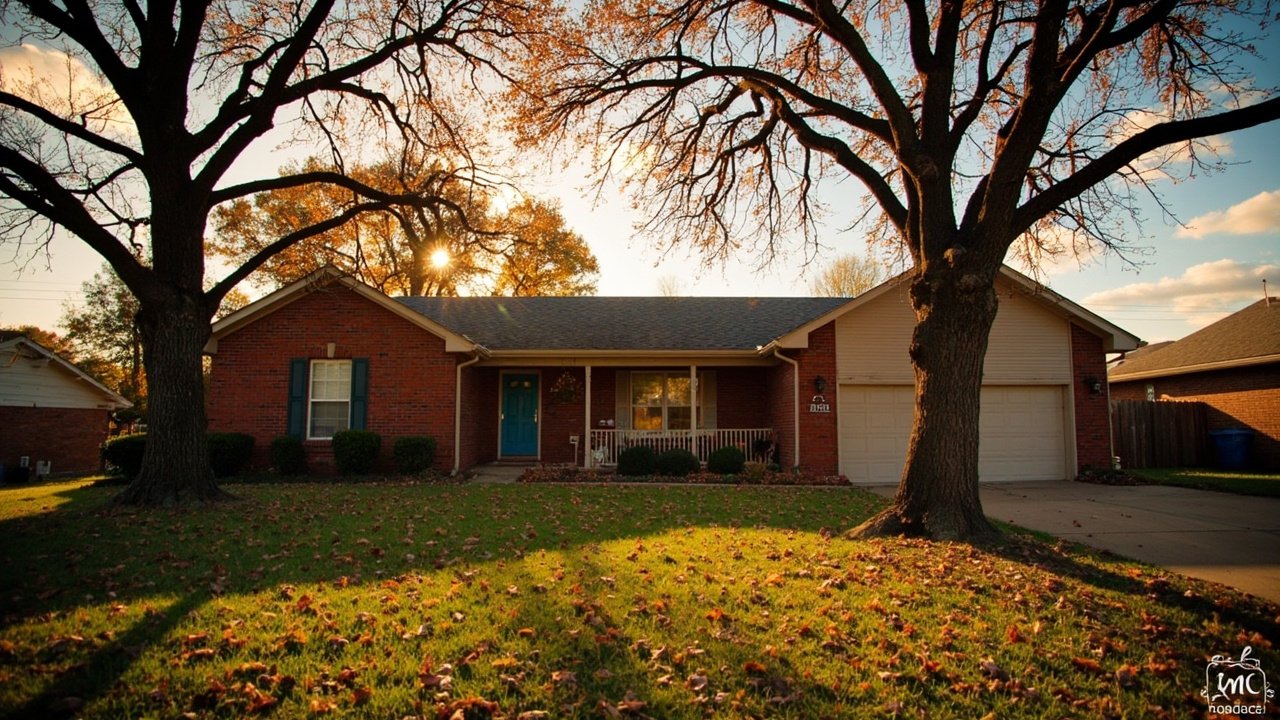 One-story ranch home in suburban Oklahoma City at sunset