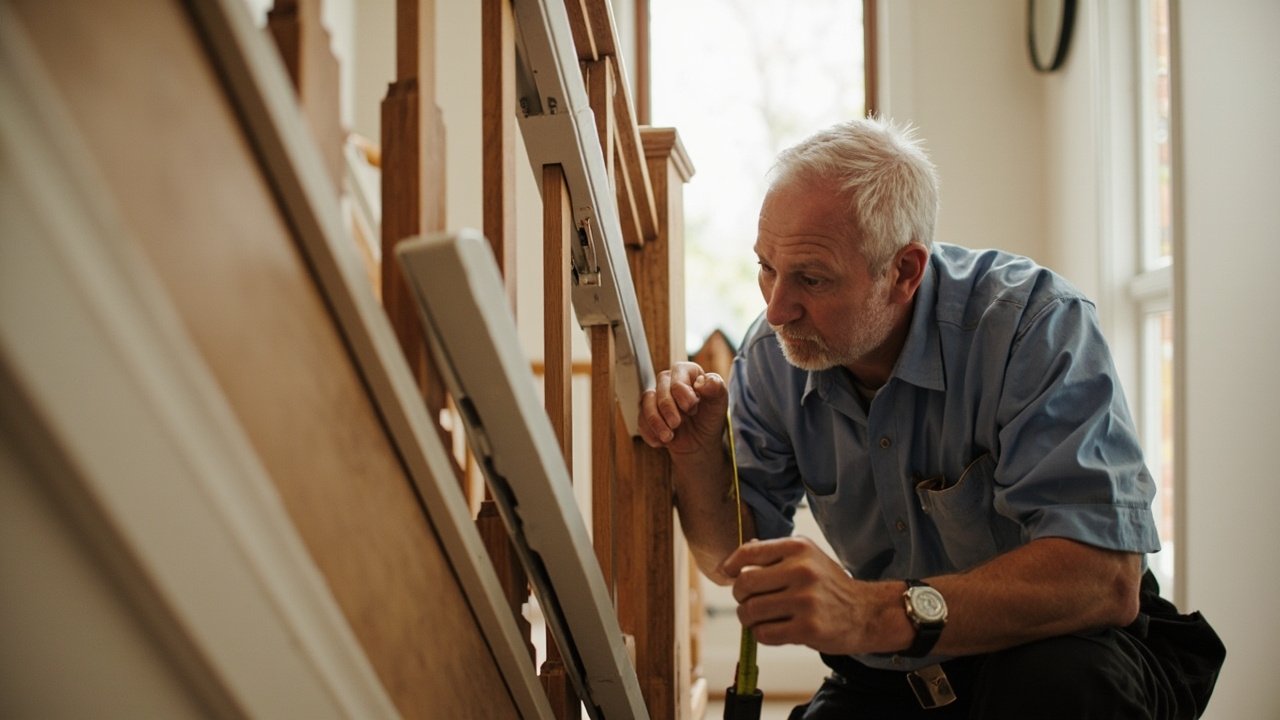Stairlift installer measuring a wooden staircase with a tape measure