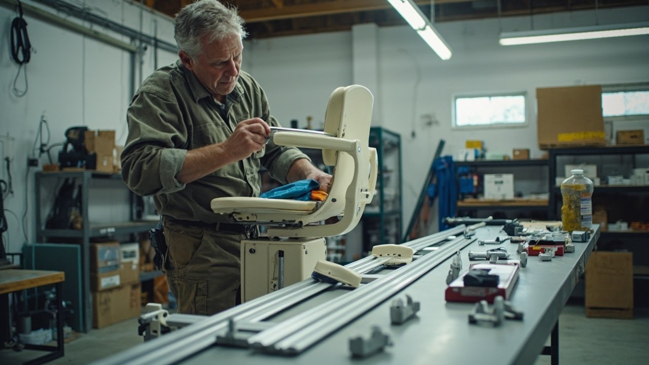 Stairlift chair being refurbished in a workshop